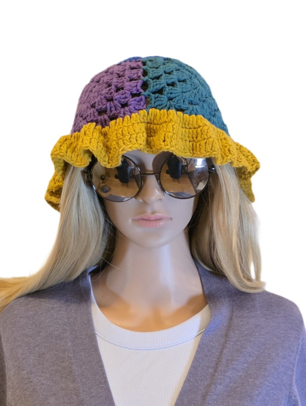 Crocheted Colorblock Bucket Hat with Yellow Ruffle EUC